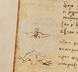 Manuscript, drawings, birds by Leonardo Da Vinci in the old book The Codice Sul Volo, by E. Rouveyre , 1893 photo