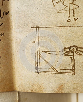 Manuscript, drawings, birds by Leonardo Da Vinci in the old book The Codice Sul Volo, by E. Rouveyre , 1893 photo