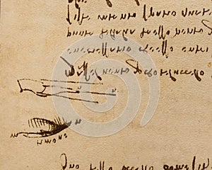 Manuscript, drawings, blueprints by Leonardo Da Vinci in the old book The Codice Sul Volo, by E. Rouveyre , 1897 photo