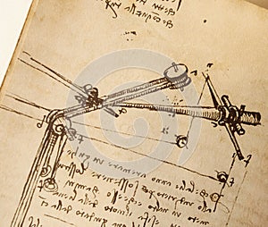 Manuscript, drawings, blueprints by Leonardo Da Vinci in the old book The Codice Sul Volo, by E. Rouveyre , 1893 photo