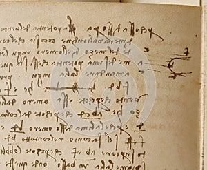 Manuscript, drawings, inscriptions by Leonardo Da Vinci in the old book The Codice Sul Volo, by E. Rouveyre , 1894