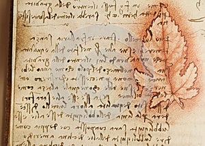 Manuscript, drawings, red leaf, blueprints by Leonardo Da Vinci in the old book The Codice Sul Volo, by E. Rouveyre , 1893 photo