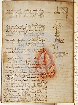 Manuscript, drawings, red leaf by Leonardo Da Vinci in the old book The Codice Sul Volo, by E. Rouveyre , 1893 photo