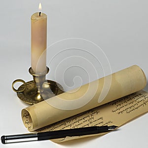 Manuscript, pen and candle