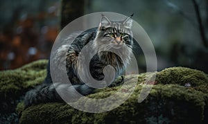 Manx cat perched atop a moss-covered rock in a dense misty forest. Its expressive eyes gaze intently into the distance while its