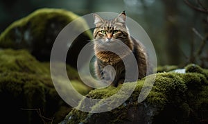 Manx cat perched atop a moss-covered rock in a dense misty forest. Its expressive eyes gaze intently into the distance while its