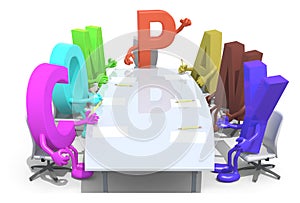 Many 3d letters forming the word company, around a meeting table