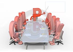 Many 3d letters forming the word company, around a meeting table