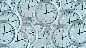 Many 3d simple clocks with hour, second and minute arrows, computer generated modern business backdrop