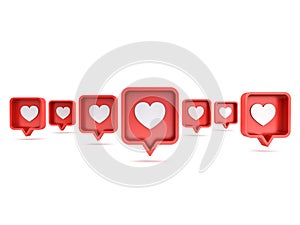 Many 3d social media notifications Love like heart icon in red rounded square pin isolated on white background
