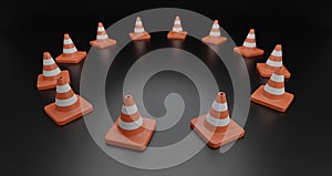 Many 3D traffic cones for caution and under construction concept on black background, 3D illustration