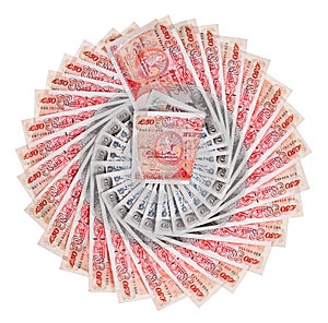 Many 50 pound sterling bank notes, isolated