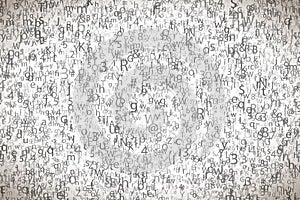 Many abstract chaotic complicated crypto symbols on white, data encryption binary code