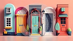 Many abstract colourful doors. Generative AI.