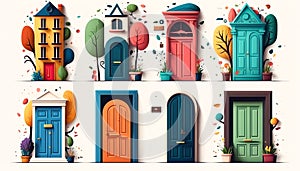 Many abstract colourful doors. Generative AI.