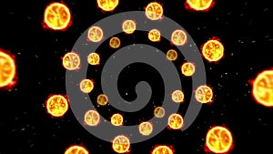 Many abstract fire balls flying on black background. Fire sphere slowly float. Loop animation.