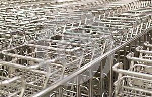 Many airport luggage carts.