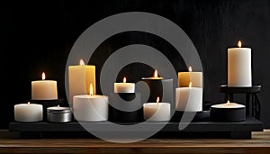 Many alight candles on table. Space for text