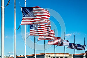 Many American Flags Waving at Washington Monument - Washington, D.C., USA