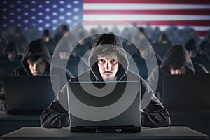 Many American hackers in troll farm. Security and cyber crime concept. USA flag in background.