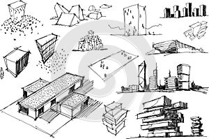 many architectural sketches of a modern architecture