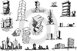 Many architectural sketches of a modern architecture and houses