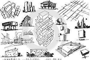many architectural sketches of a modern fantastic architecture and urban ideas