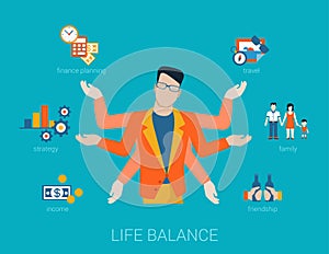 Many armed man life balance lifestyle in flat vector