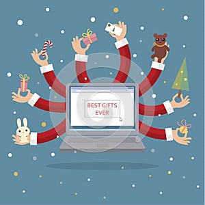 Many-armed notebook on blue