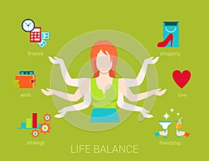 Many armed woman life balance lifestyle in flat vector