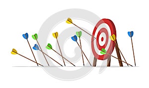 Many arrows missed their target. Several unsuccessful inaccurate attempts to hit the target of archery. Metaphor for photo