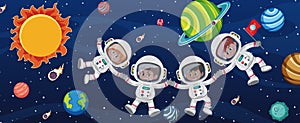 Many astronauts in the galaxy background