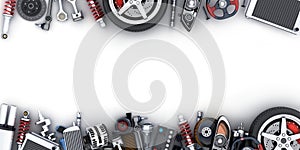 Many car parts on white background