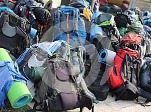 Many backpacks of boys scout during the summer camp