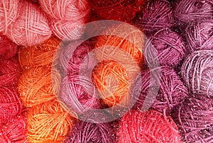 Many balls of wool yarn in natural shades of rose  orange  pink and purple for knitting  crocheting