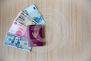 Many banknote currency with passport book, pen and drug pharmacy.