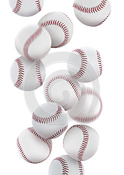Many baseball balls falling on white background