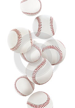 Many baseball balls falling on white background