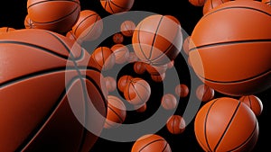 Many basketball balls on black background.