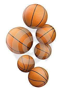 Many basketball balls falling on white background