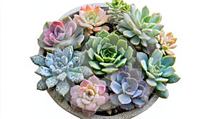 Many beautiful succulents in the background, top view.
