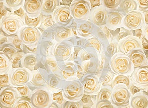 Many beautiful white roses as background, top view