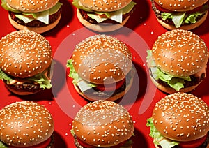 Many beef burgers cheeseburgers with vegetables and sauce pattern on red background.Macro.AI Generative