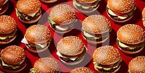 Many beef burgers cheeseburgers with vegetables and sauce pattern on red background.Macro.AI Generative