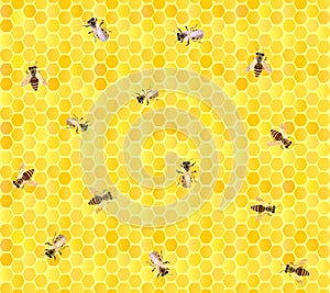 Many bees on honeycomb, seamless background.