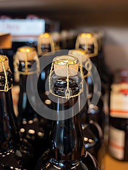 Many Belgian beer bottles in abbey shop