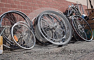 Many bicycle rims of metal scrap