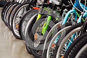 Many bicycles in sports store