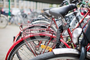 Many bikes standing in bike stands