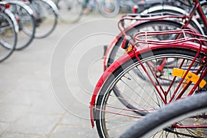 Many bikes standing in bike stands